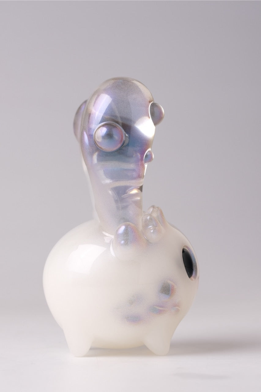 Coralite by Yutoos: A 4-inch abstract figurine with a milky white body and translucent, iridescent neck, limited edition resin art piece.