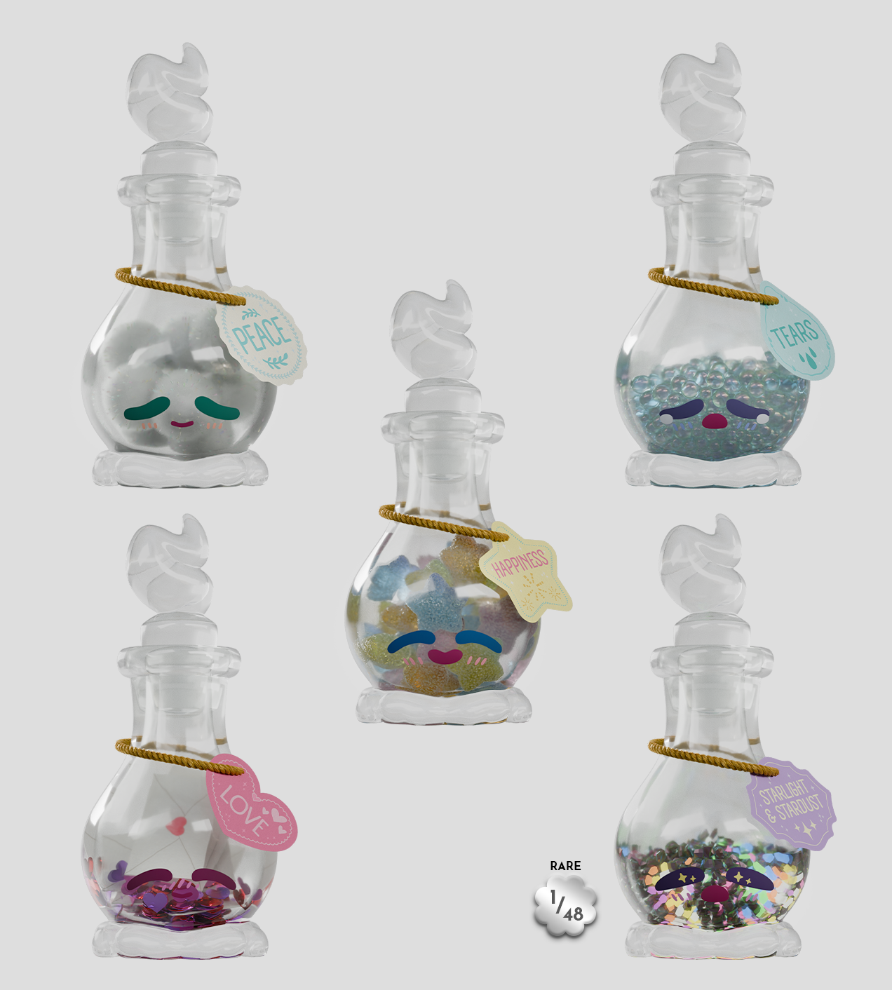 Elixy Blind Box features six collectible potion bottles with whimsical faces, each containing unique symbolic substances, including a rare design, perfect for art toy collectors.