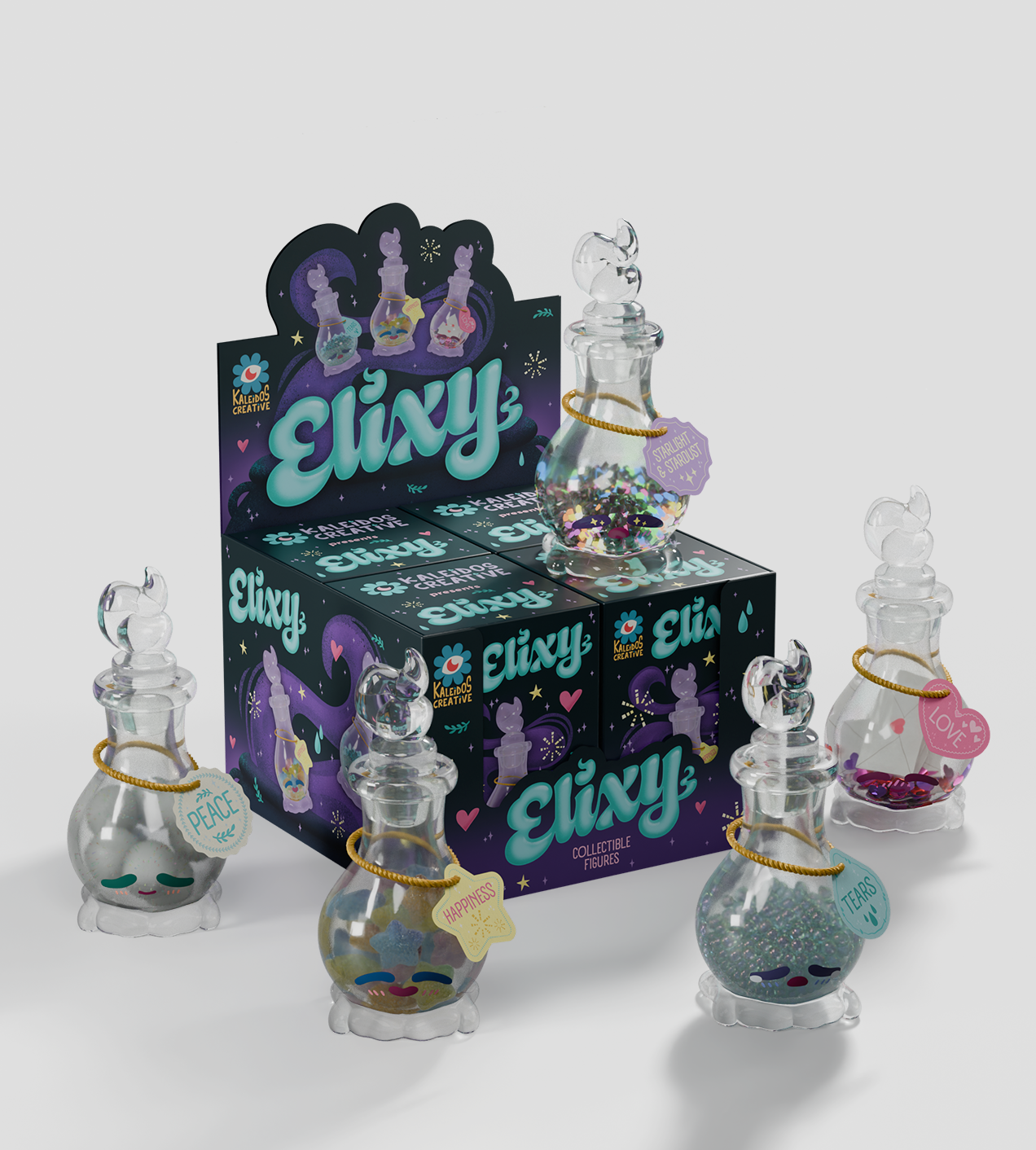 Elixy Blind Box display with five whimsical potion-bottle figures, each with unique tags like PEACE or LOVE, featuring painted faces and sparkly contents.