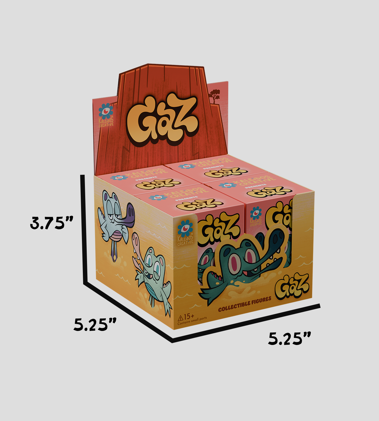 Gaz Blind Box display featuring cartoon crocodile characters and Kaleidos Creative logo, showcasing collectible figures with a die-cut back-panel and dimensions prominently displayed.