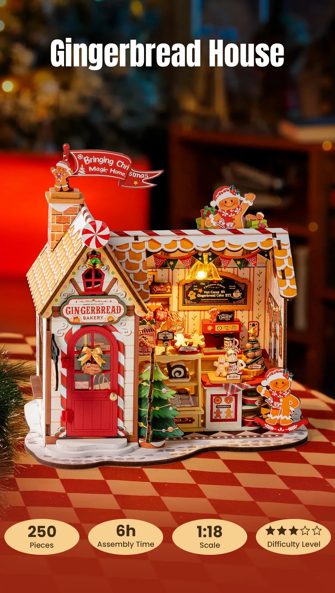 Rolife DIY Miniature House - Gingerbread House DG176, a 250-piece illuminated bakery model with candy-cane trim, gingerbread figures, and festive details, moderate difficulty.