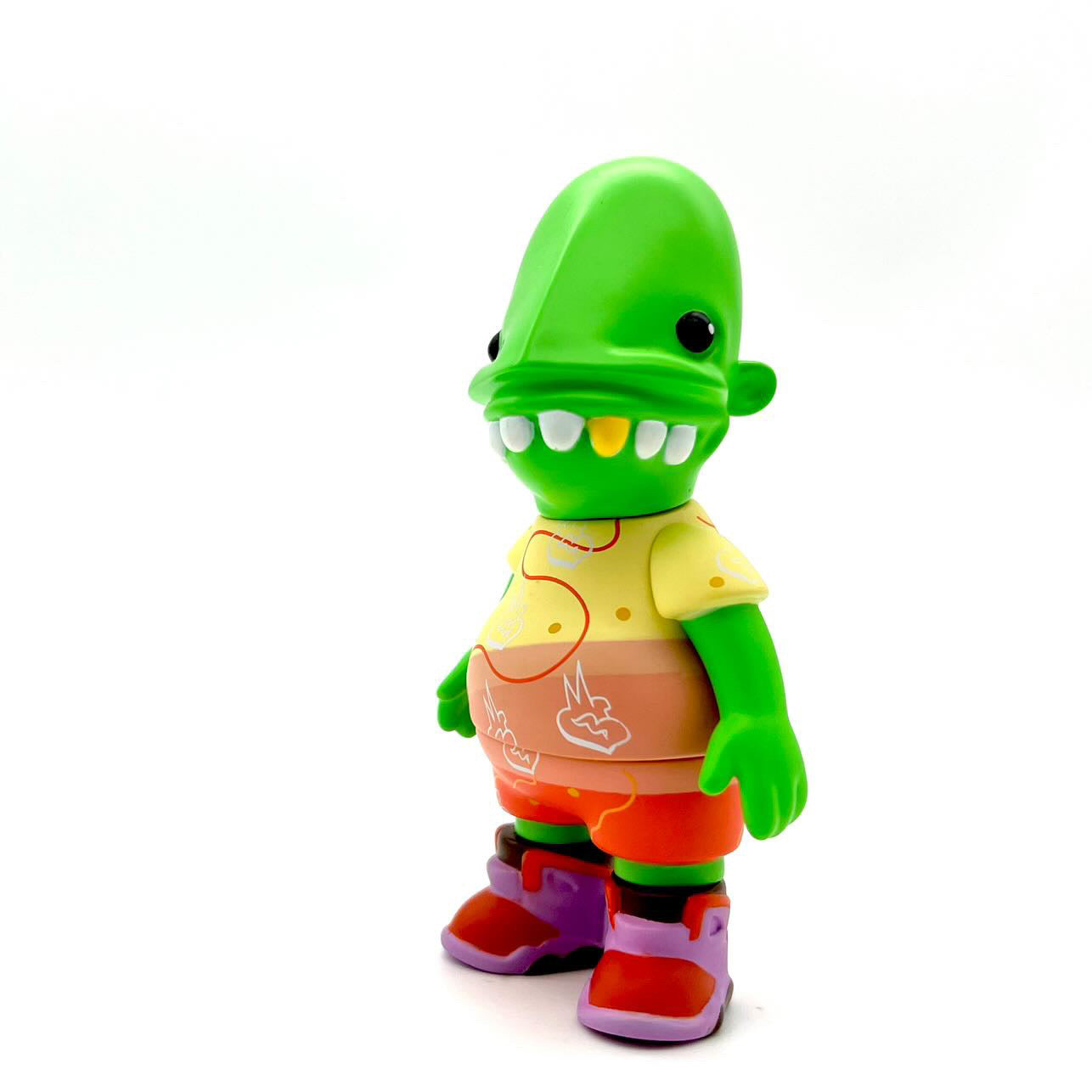 Goop Massta - Final Edition, a 4 vinyl action figure with a green face, yellow shirt, red stripes, limited to 150 pieces worldwide.