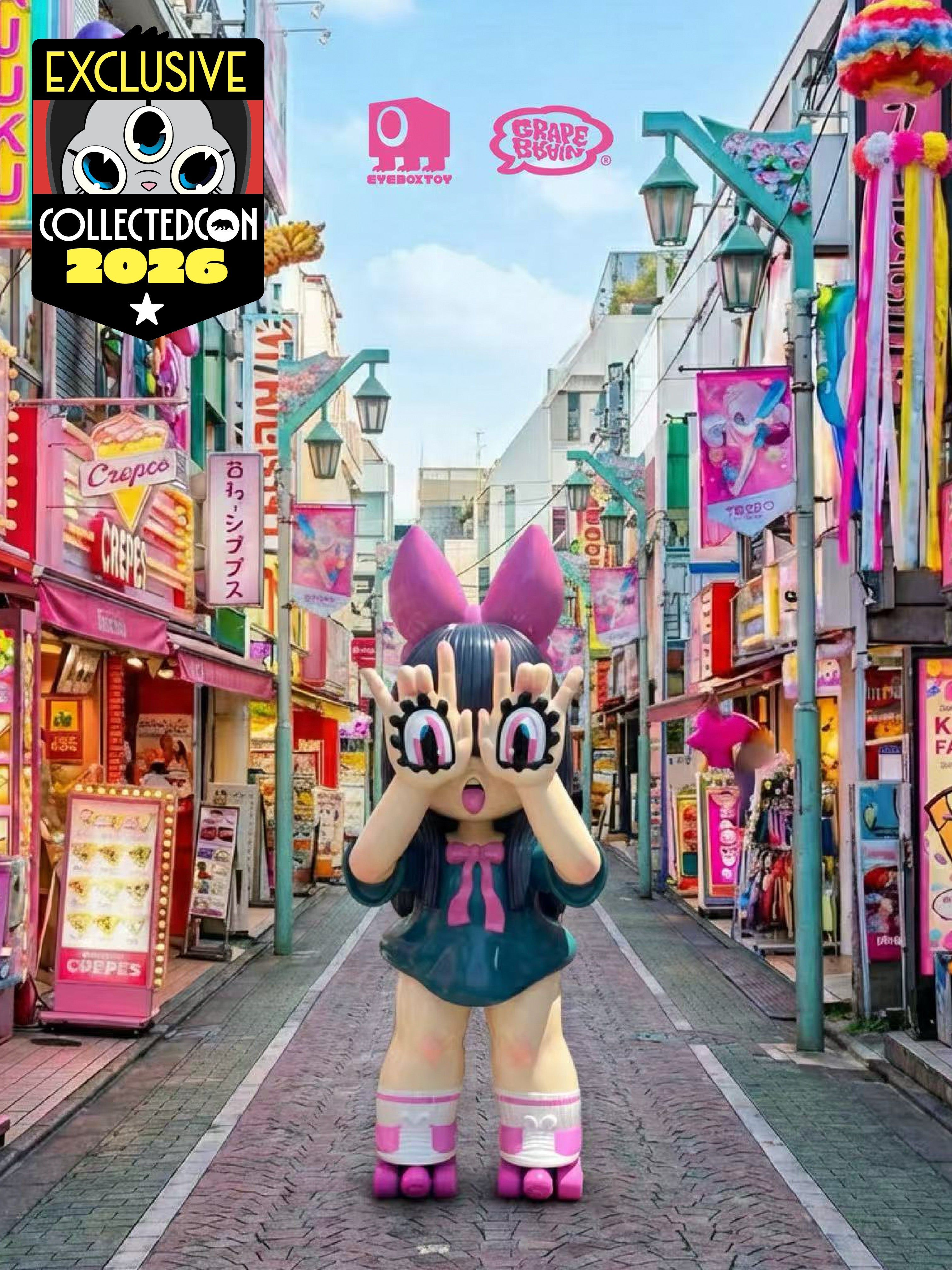 MEGATON! NIGIRU CHAN AIIRO: Large vinyl figure with hand-shaped glasses and pink roller skates, featured in a stylized Harajuku street, exclusive for CollectedCon 2026.