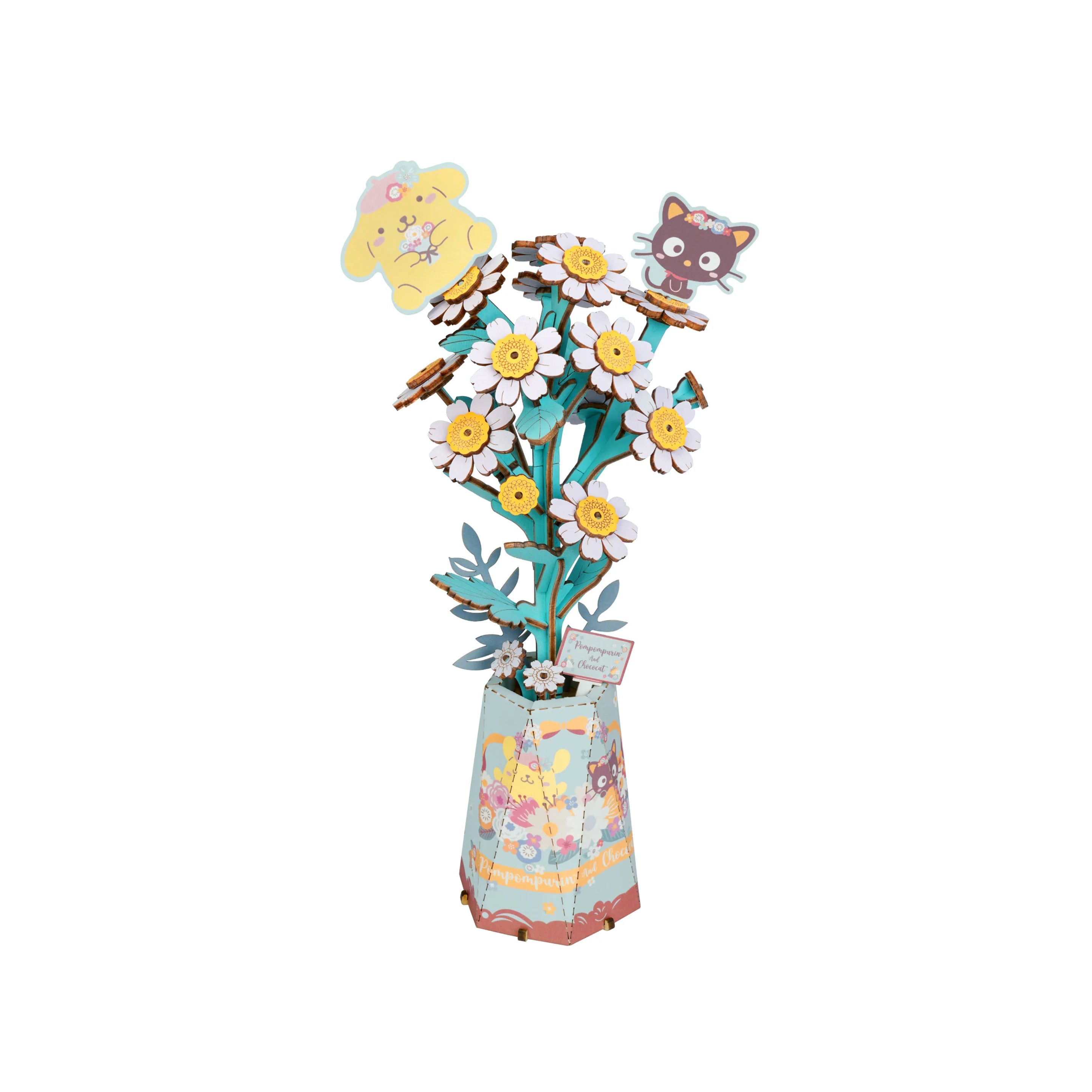 DIY wooden puzzle kit: Assemble a cute bouquet with Pompompurin and Chococat figures in a pastel vase, perfect for Sanrio fans and craft lovers.