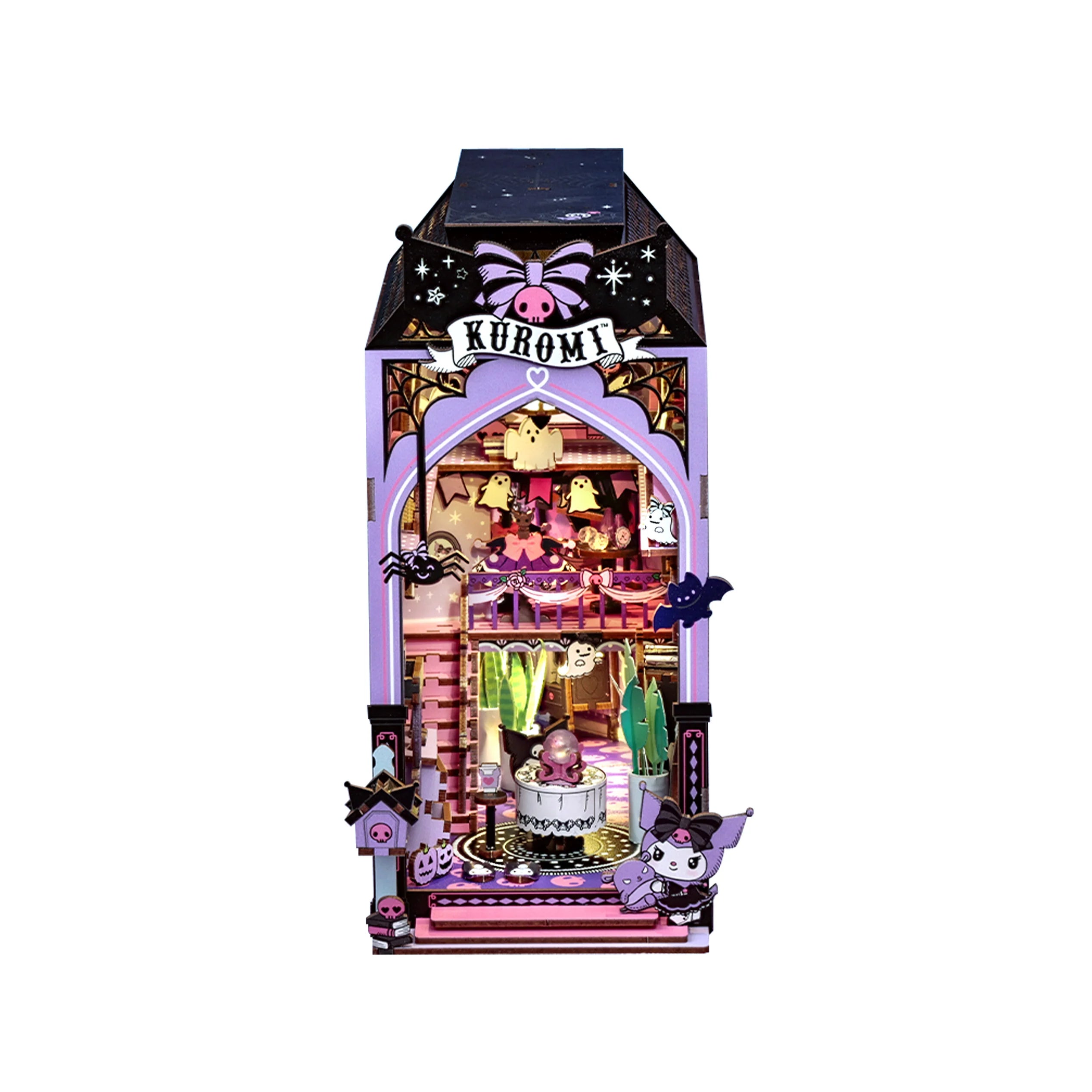 Kuromi™ Spooky House Booknook: A detailed 3D Halloween diorama featuring Kuromi, with spooky props, creating a miniature haunted house scene for display.