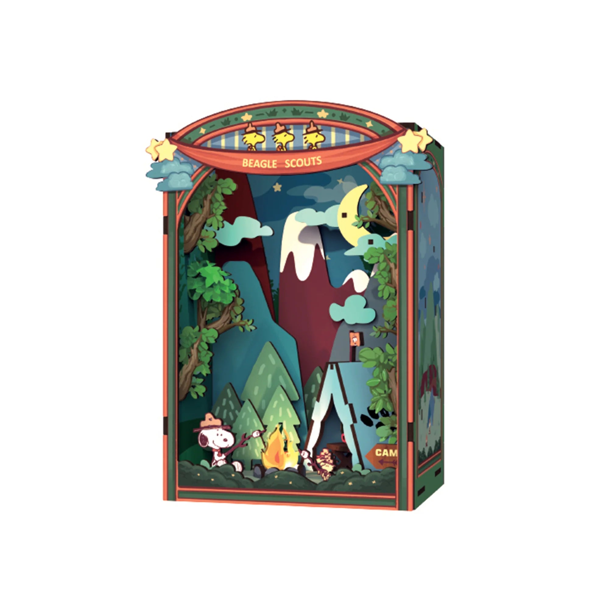 Peanuts® Snoopy’s Beagle Scouts diorama features Snoopy, Woodstock birds, campfire, tent, and mountain backdrop, creating a miniature camp scene for art toy enthusiasts.