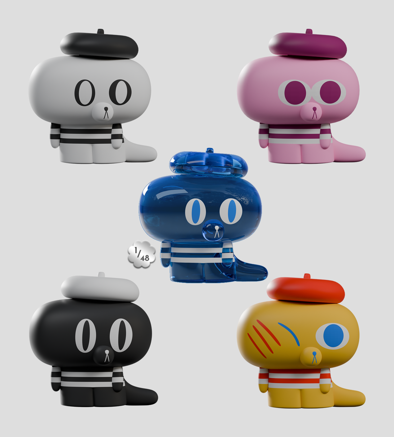 Five Hard Stare Pierre vinyl figures in berets and stripes, featuring a rare translucent blue variant. Collectible art toys from Strangecat Toys.