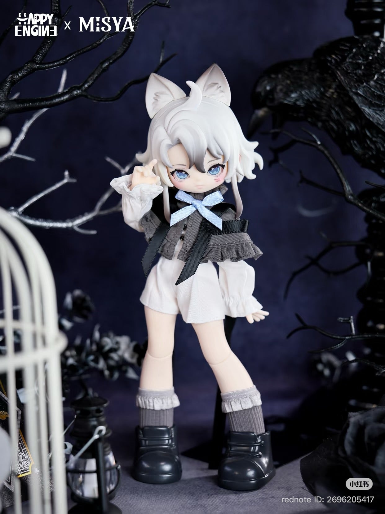 MISYA – Oddities Cabinet Series BJD Blind Box: Chibi doll with fox ears, silvery hair, gothic outfit, amid moody props; artist-designed, limited edition collectible.