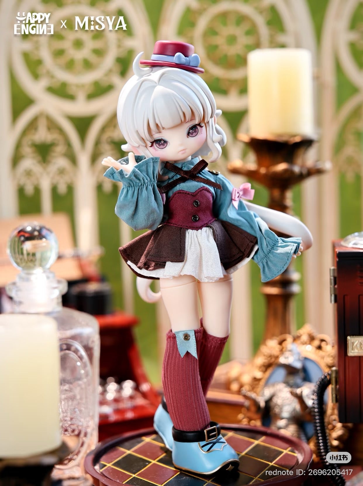 MISYA – Oddities Cabinet Series BJD Blind Box collectible doll with lilac eyes, styled in vintage attire, posed with themed props, highlighting artistic design and craftsmanship.