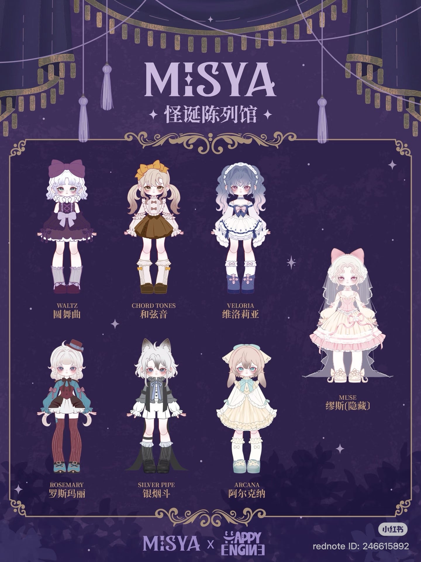 MISYA – Oddities Cabinet Series BJD Blind Box featuring seven chibi-style characters in Victorian attire, highlighting unique designs and one hidden figure.