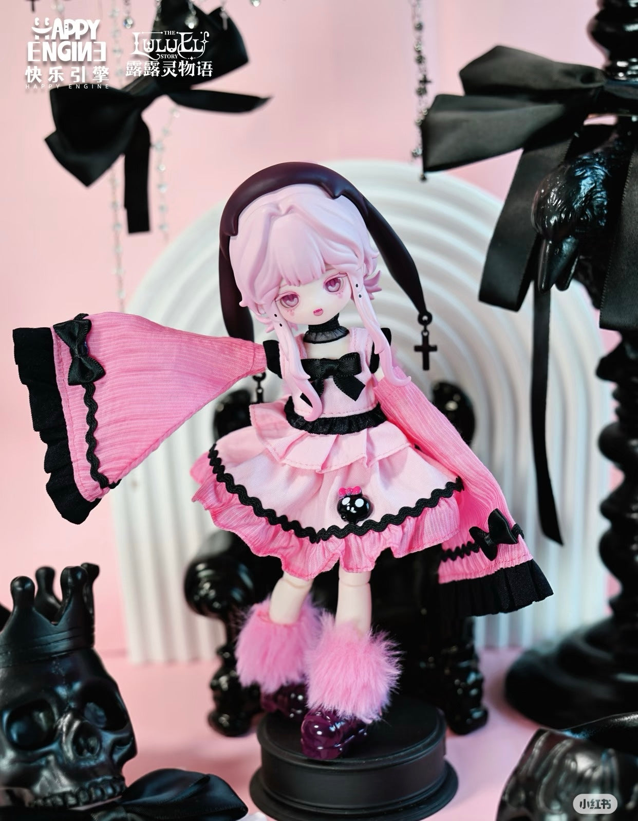 Luluelf Story – Awakening of All Things Series BJD Blind Box figure in Gothic-Lolita outfit with bunny ears, on display base, surrounded by Gothic props. Preorder for May 2026.