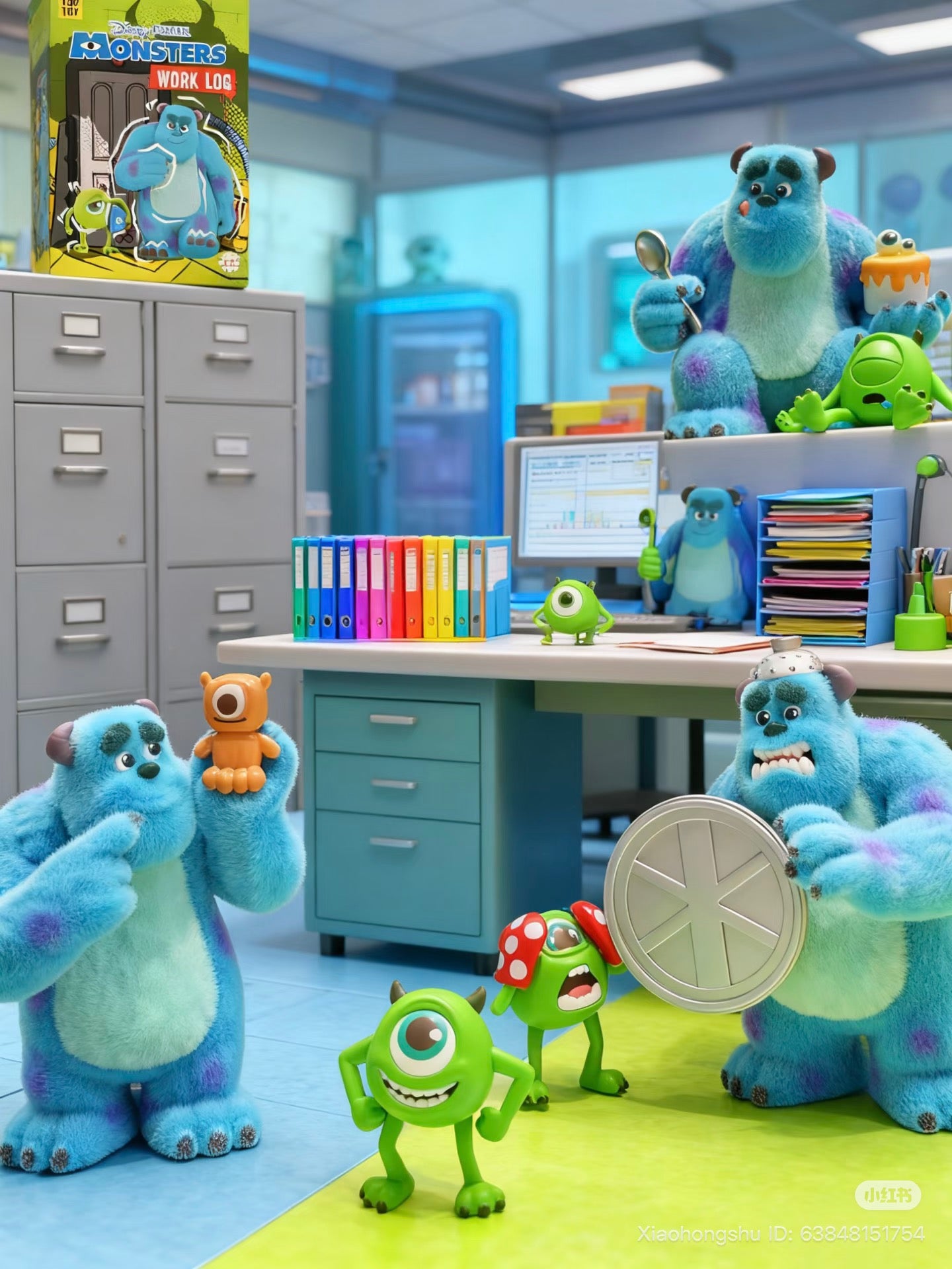 Disney Pixar Monsters, Inc. Series “Work Log” Blind Box featuring Sulley and Mike in a playful office scene, part of a collectible set with potential secret designs.