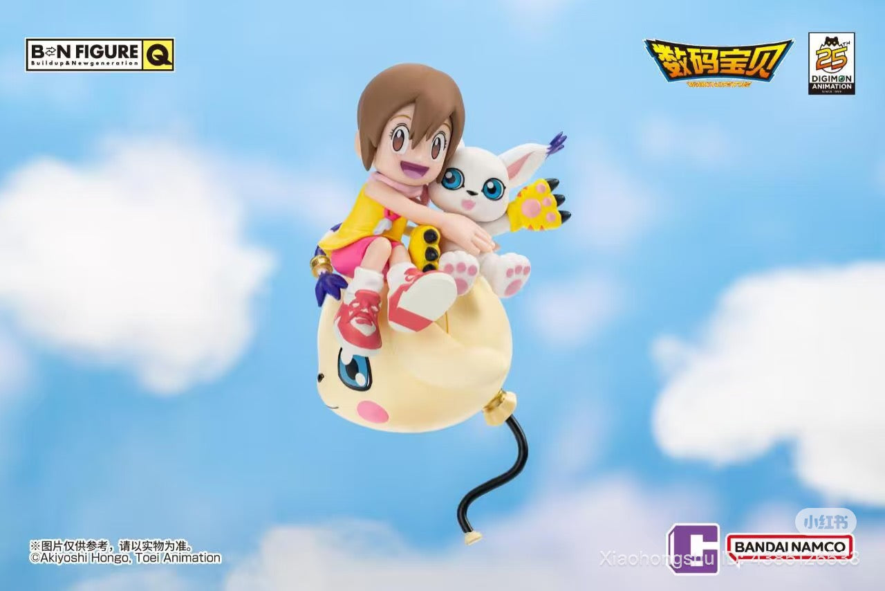 BNFIGURE Q Digimon Adventure 25th Anniversary collectible: Kari and Gatomon joyfully ride a whimsical balloon-Digimon. Preorder for all 8 designs.
