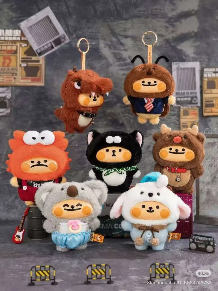 Bearisbug Plush Hanging Blind Box features seven bear keychains in animal costumes, including dinosaur, crab, and reindeer, arranged on boxes with toy props.