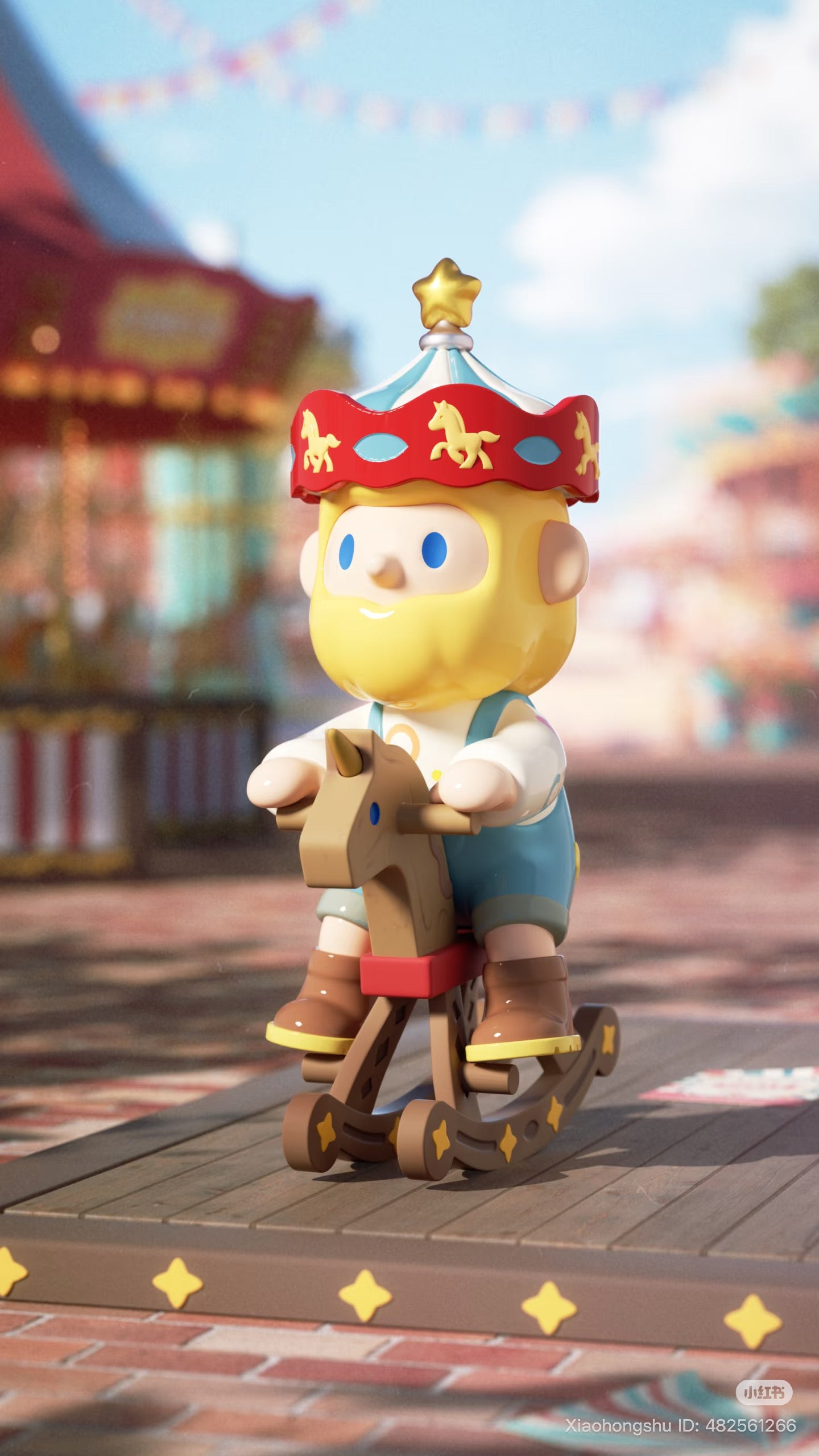 Farmer Bob Flash Back Blind Box Series toy figurine featuring a bearded character with a carousel crown, seated on a rocking horse, amidst a carnival backdrop.