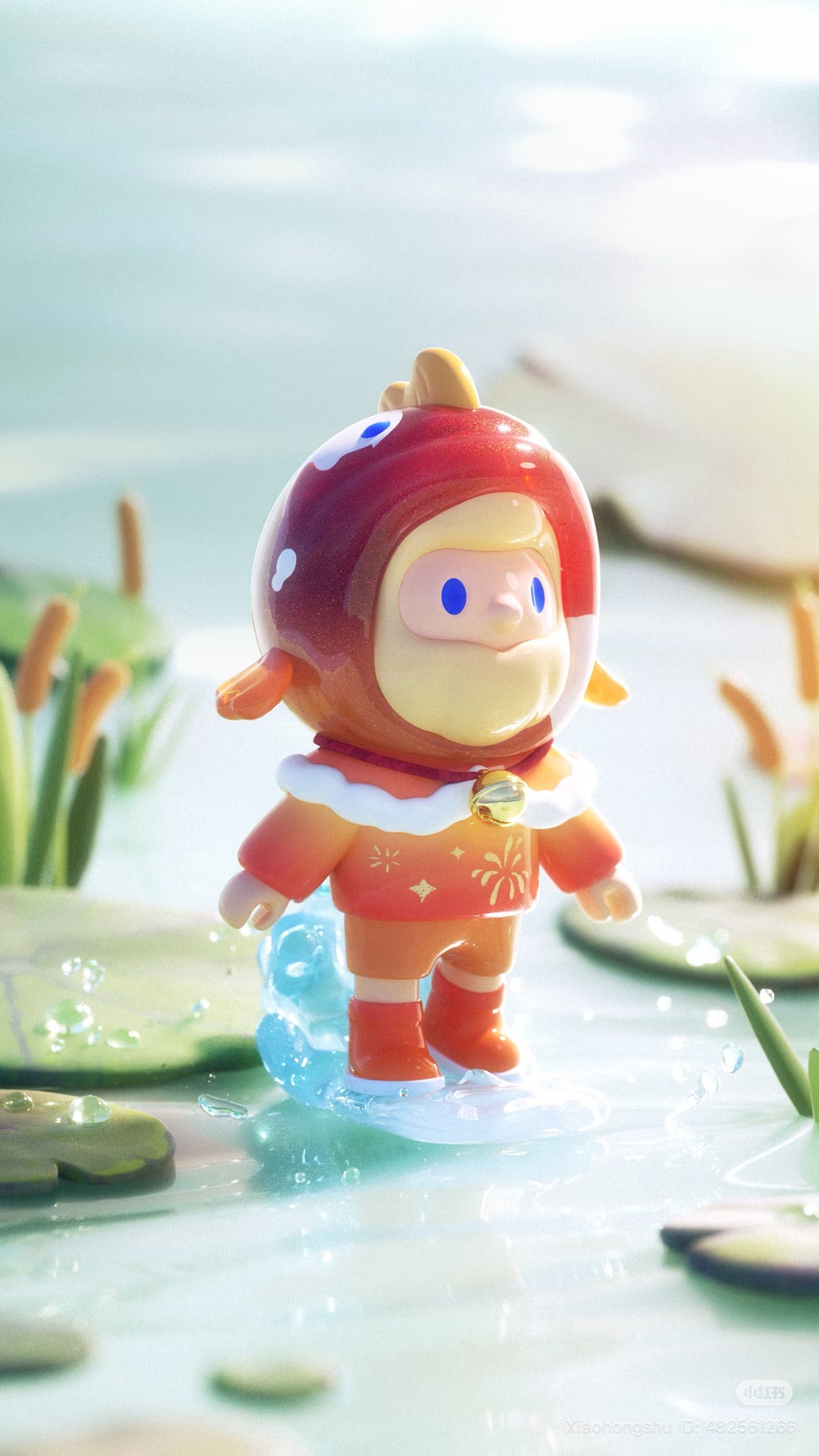 Farmer Bob Flash Back Blind Box Series toy in a fish helmet on a pond, surrounded by lily pads and cattails.