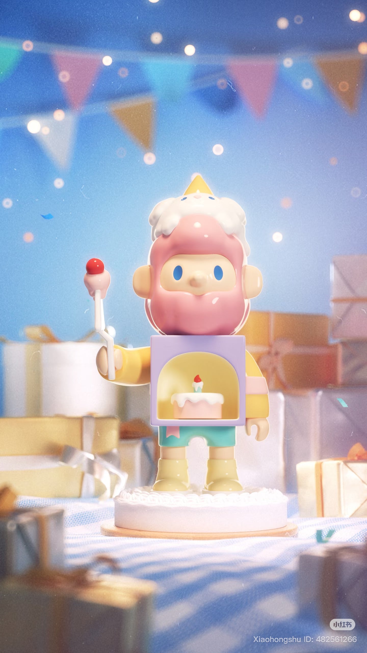 Farmer Bob Flash Back Blind Box Series vinyl toy in birthday scene, featuring a cake display, dessert in hand, and playful party elements.