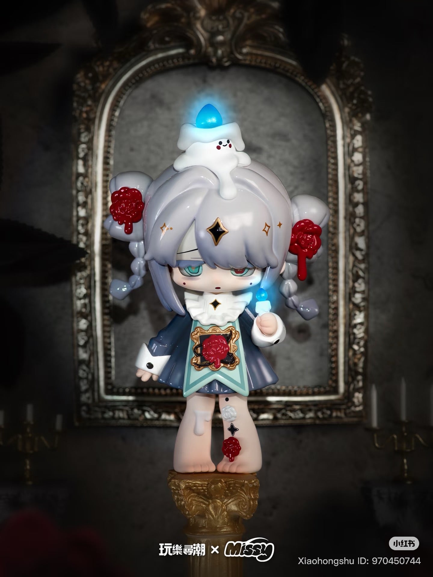 MISSY: Sweet-Gothic Lolita Crow Paradise figure with silvery braids, wax details, candle, lantern, ruffled dress, on gold pedestal, before antique mirror.