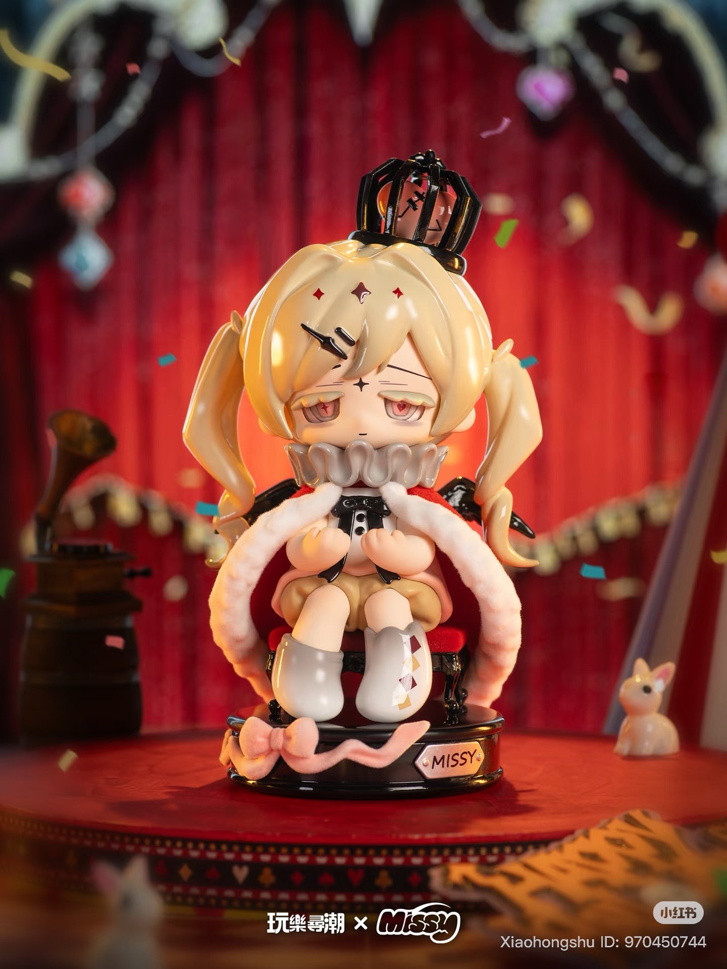 MISSY: Sweet-Gothic Lolita Crow Paradise collectible, chibi figure seated on throne with crown, cape, mismatched boots; preorder for limited blind box series.