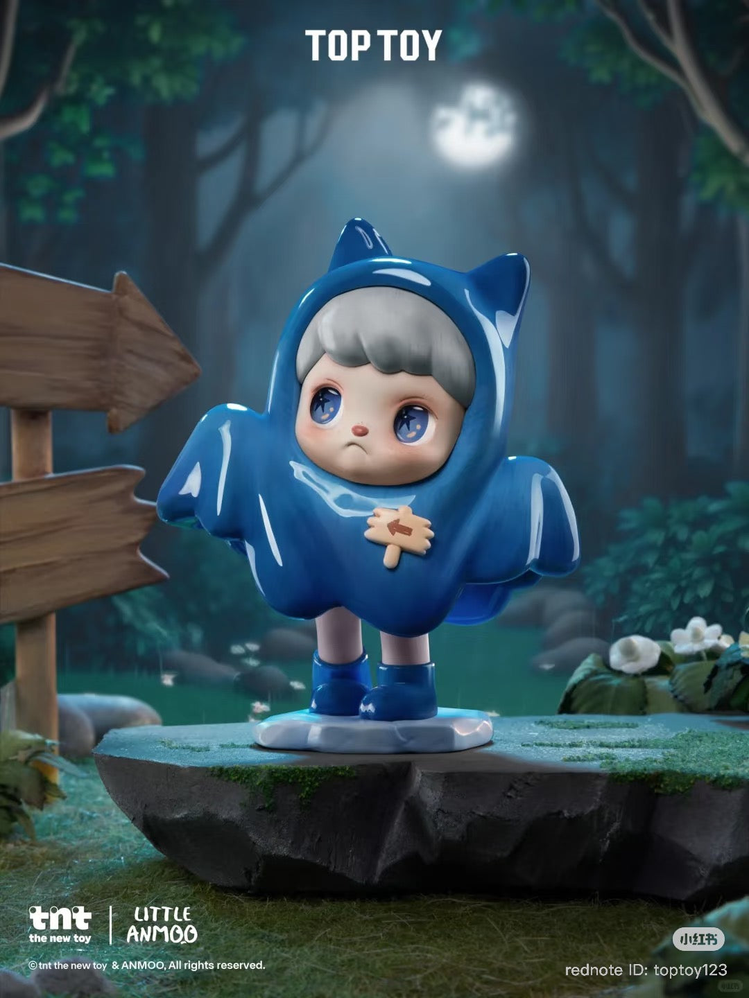 Collectible ANMOO Listen Attentively figure in blue cloak, standing on a stone plinth, preorder for Blind Box Series at Strangecat Toys.