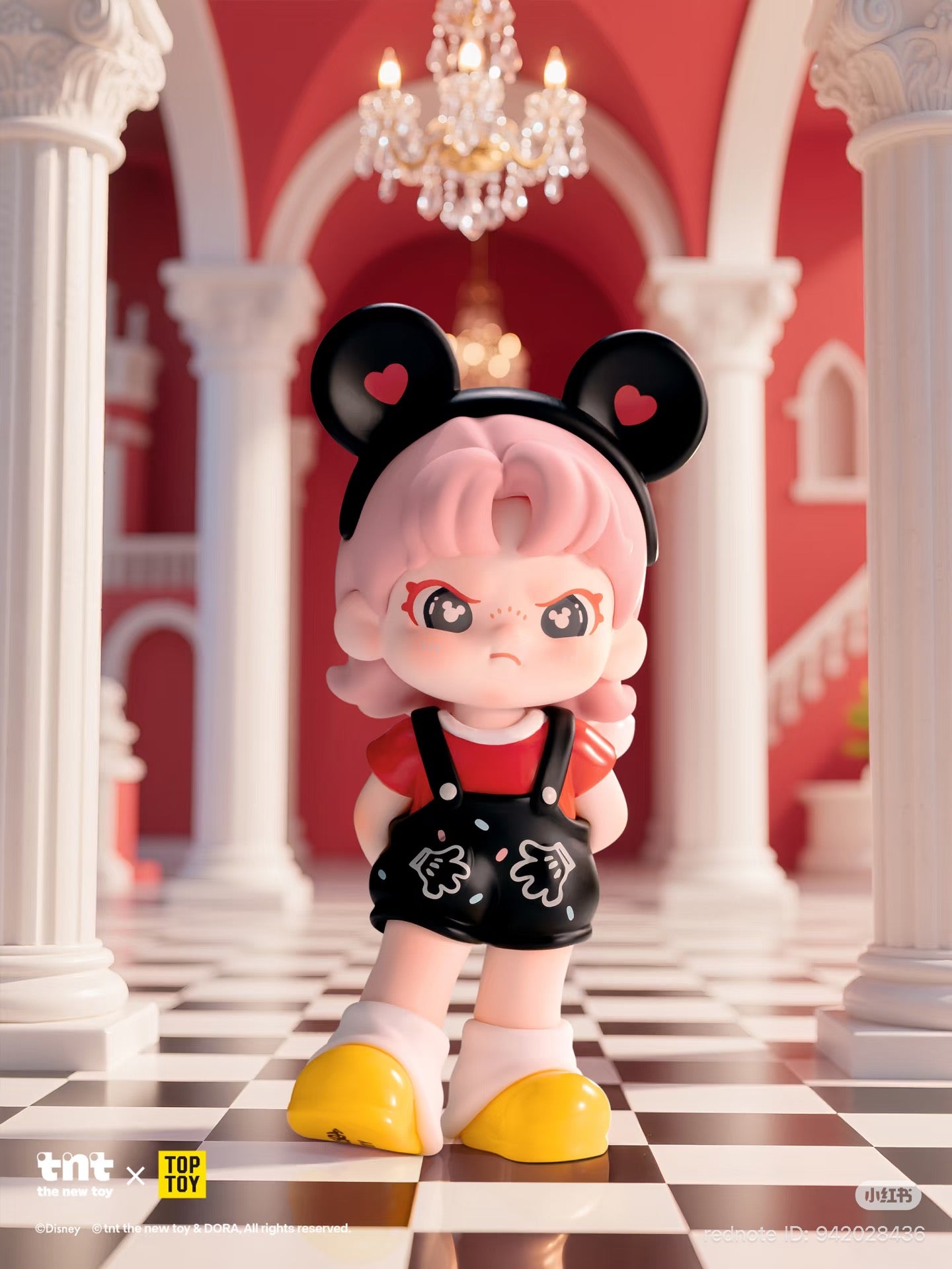 Vinyl figure of a cartoonish girl with pink hair and Mickey-style ears, part of the Disney DORA loves Mickey series, displayed in a grand hall setting.