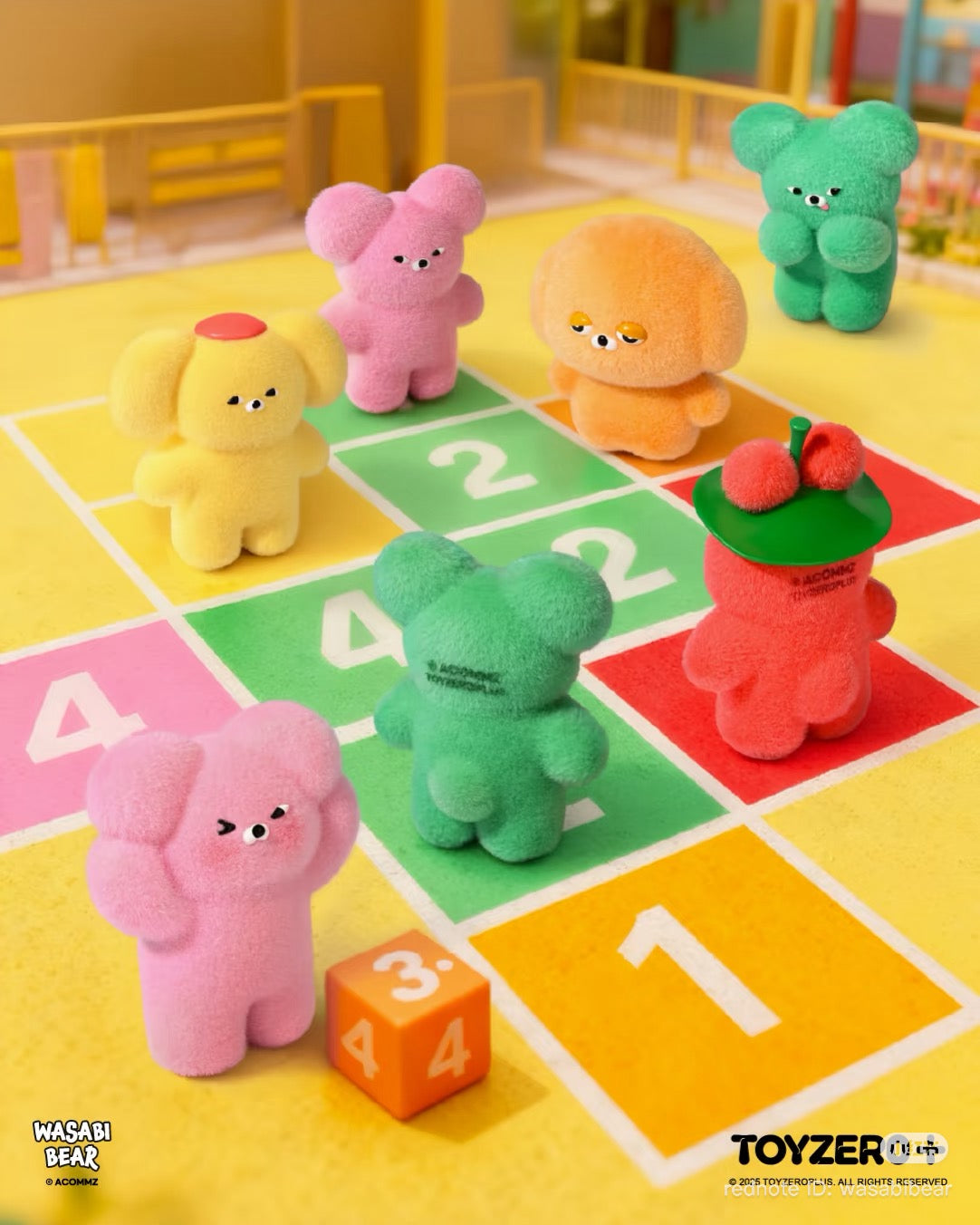 Wasabi Bear Outing Pals Series Blind Box featuring colorful plush-style bear figures on a hopscotch grid, highlighting playful designs from Strangecat Toys.