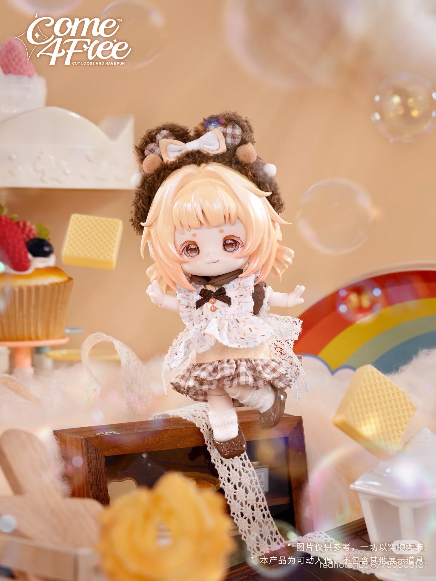 Chibi-style doll from Bonnie's Fourth Generation Dream Pastry Series BJD Blind Box, posed in a dessert setting, featuring frilly dress, bear-ear headband, surrounded by oversized props.