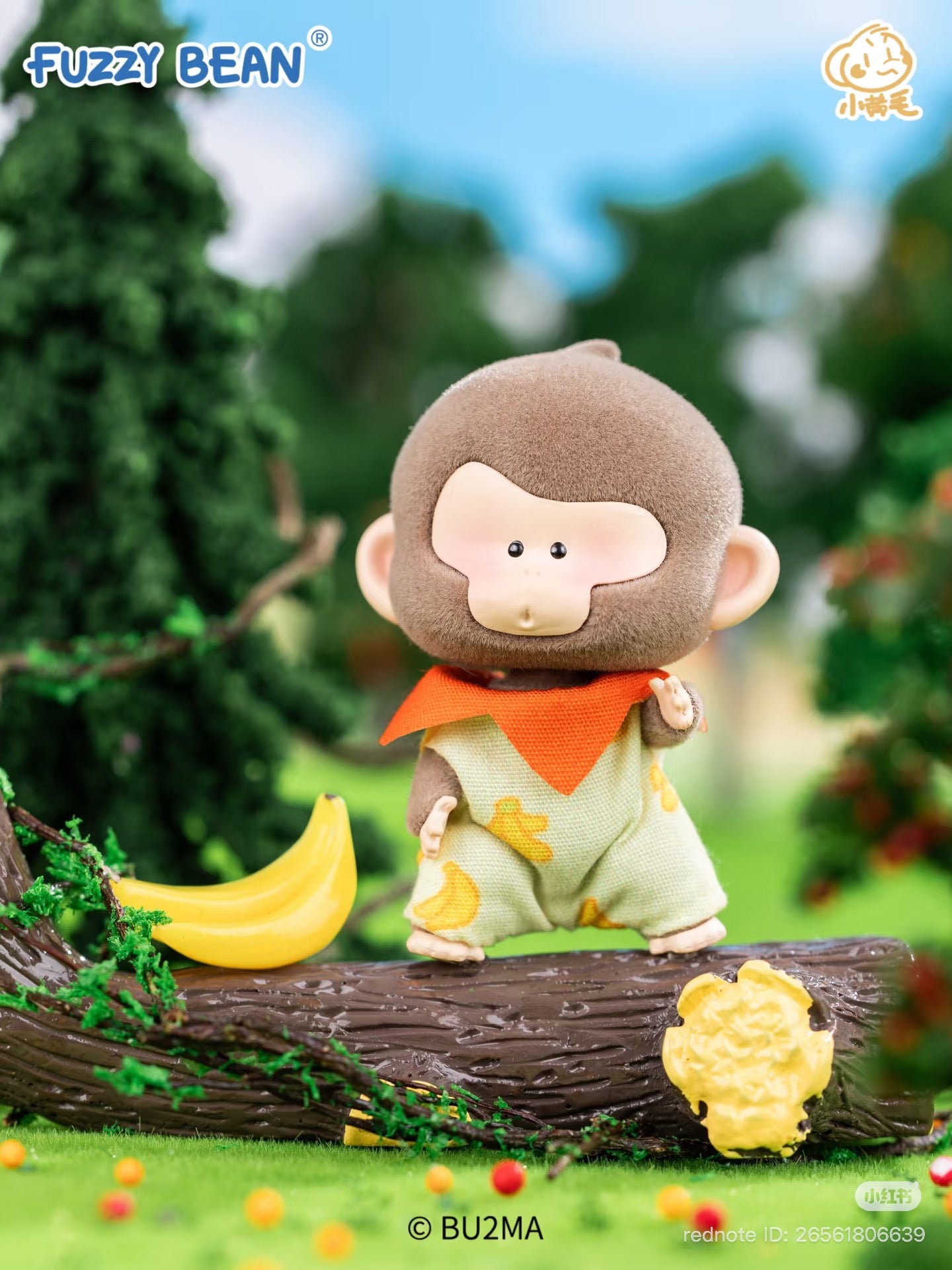 Fuzzy Bean: Tiger & Forest Neighbors Series figure, a monkey in banana romper, posed on a log with bananas in a playful forest diorama.