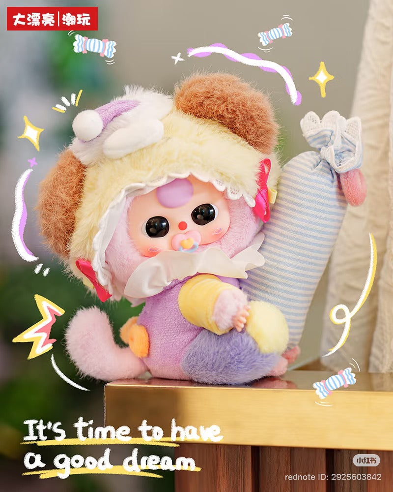 Baby Three - Sweet Dreams Plush Blind Box doll in a fuzzy onesie with pacifier, sitting near a pillow, surrounded by playful doodles and text.