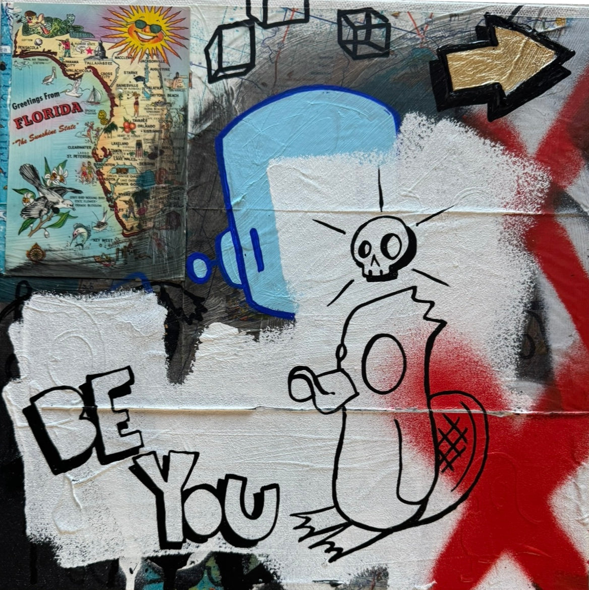 Make it last - 'It’s ok' by Chris RWK, 12x12 mixed media canvas featuring graffiti and map elements, available at Strangecat Toys. Additional shipping may apply.