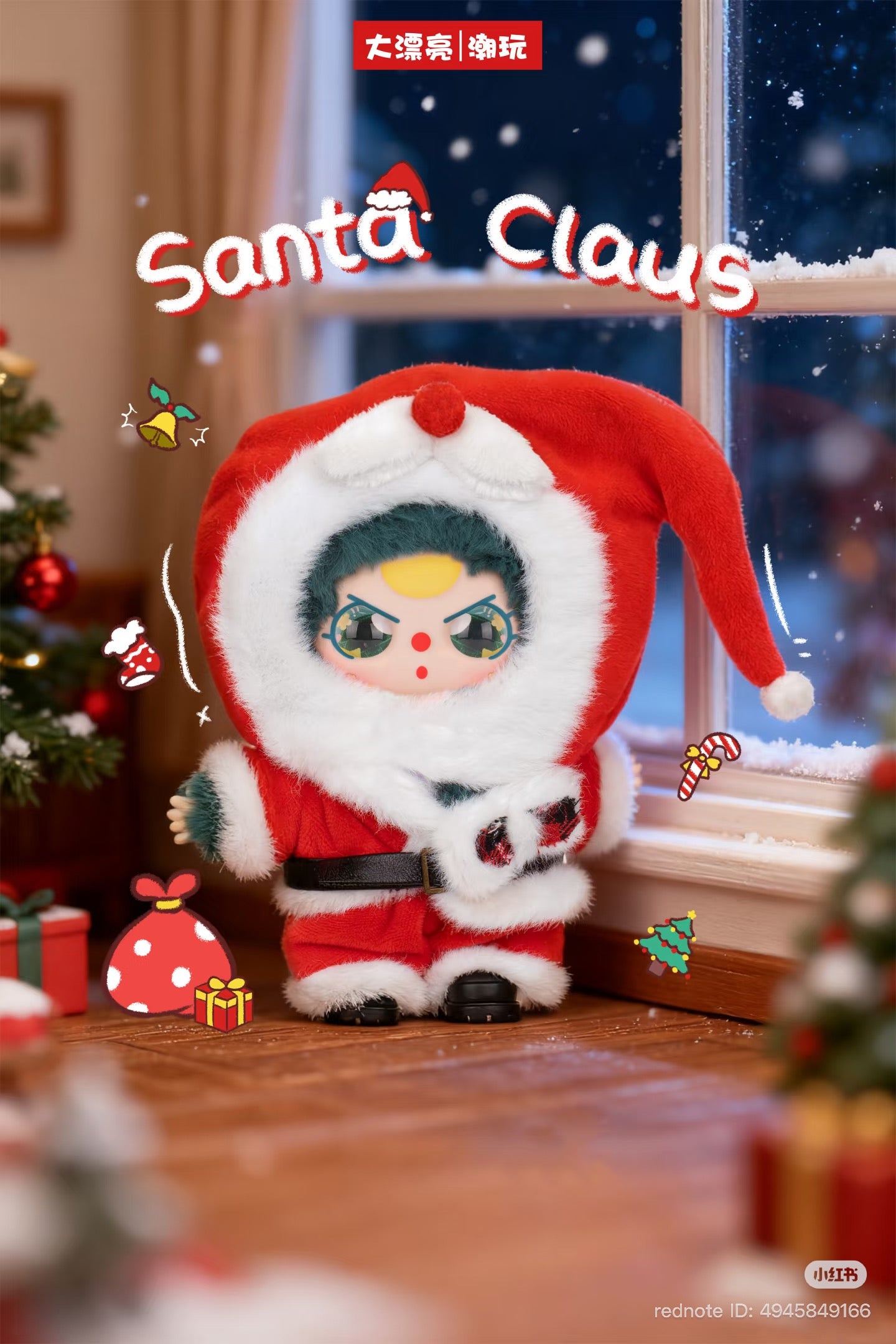 Baby Three - Merry Christmas Plush Blind Box doll in Santa outfit with green hair, posed by a frosty window with miniature Christmas decorations.