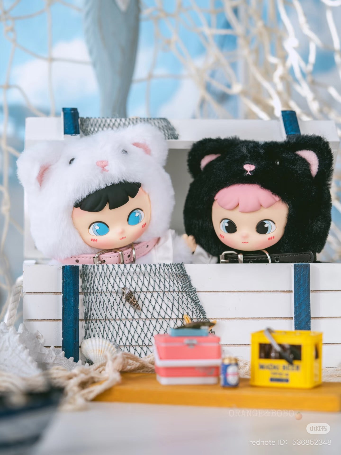 Cimmy You're Invited Series Plush Keychain Blind Box featuring two dolls in cat garments, part of a collectible set with secret designs.