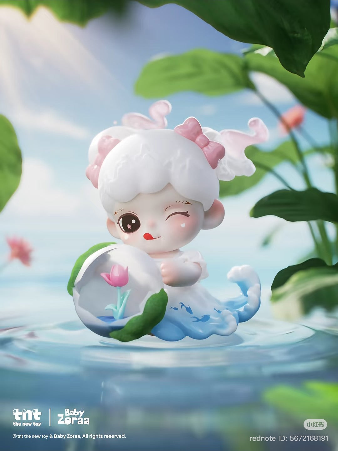 Baby Zoraa figure from the Zoraa Starry River in Memories series, featuring a chibi character with fluffy hair, pink bows, and a tulip-adorned shell vessel.