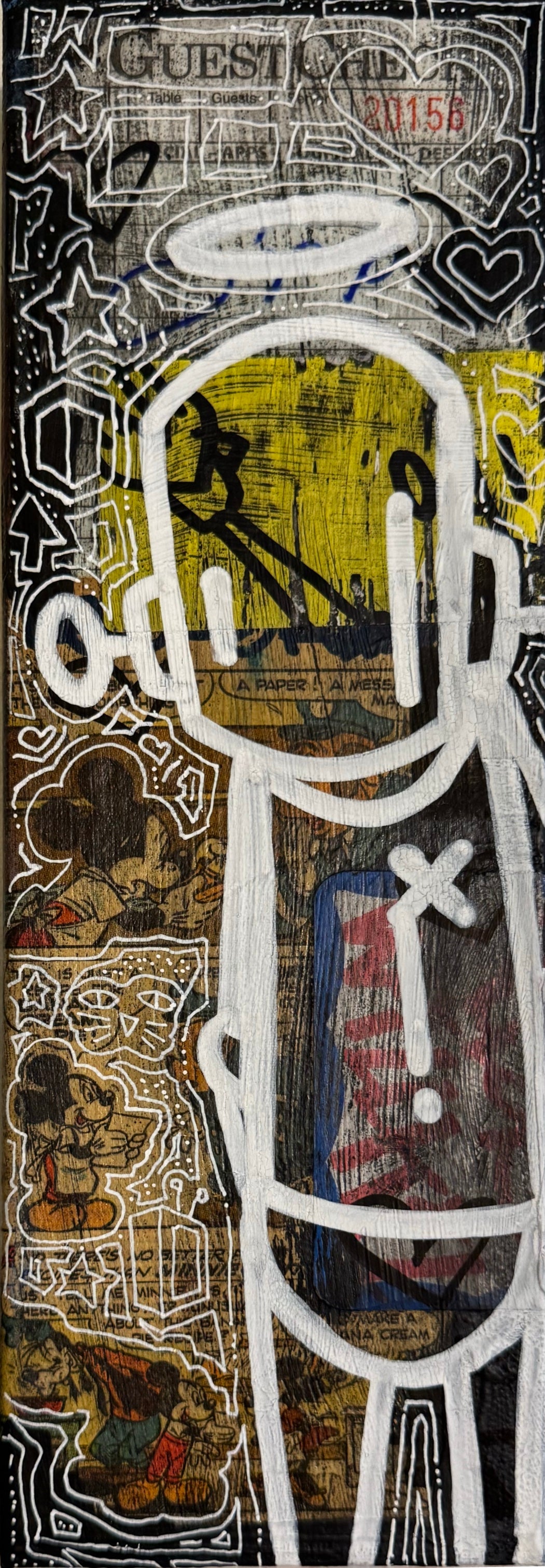 Time Will Tell - 'Movement' by Chris RWK: A 4x12” mixed-media collage featuring vintage comics, paper scraps, and graffiti motifs on a vertical board.