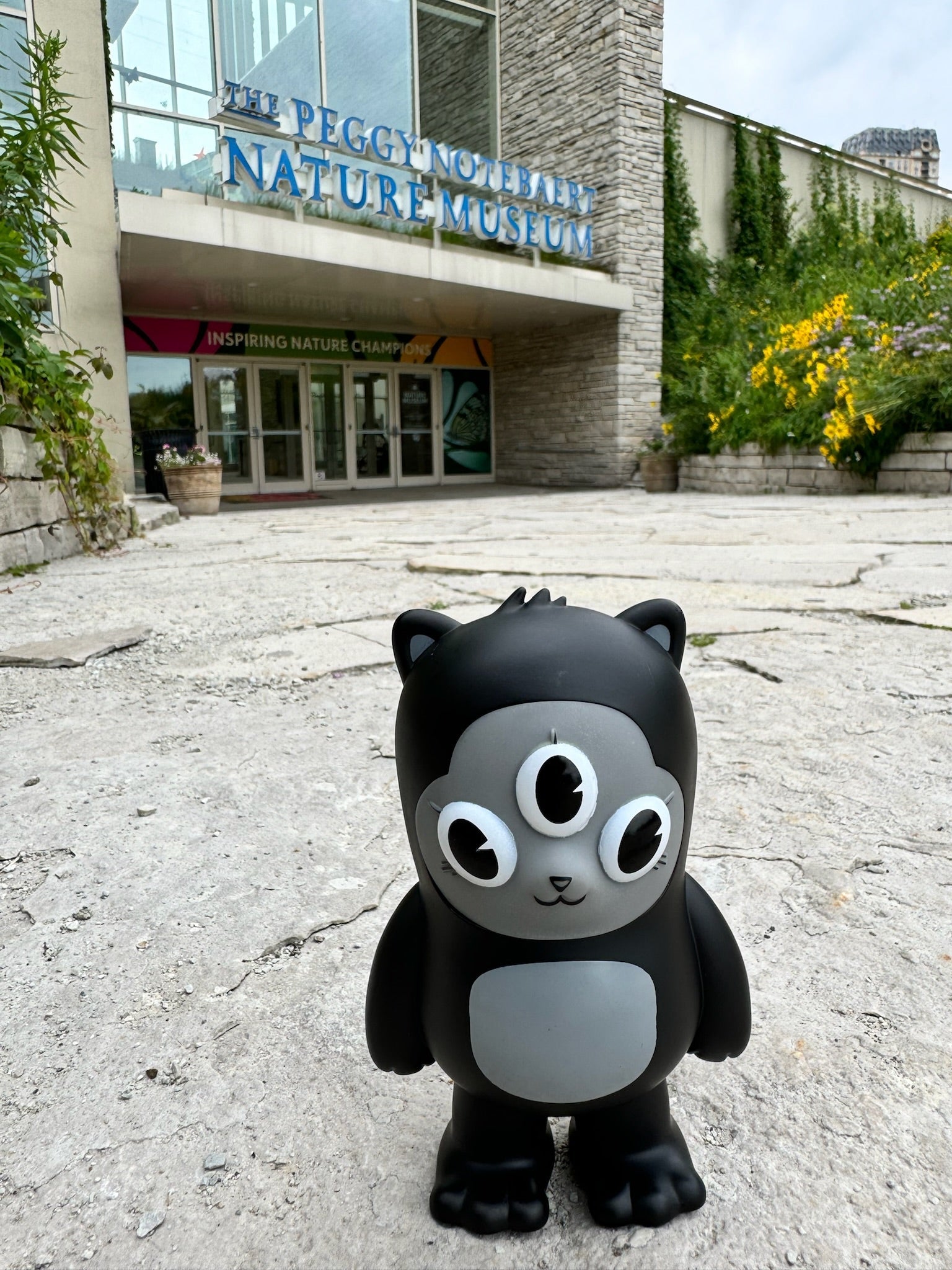 Beans - OG - Preorder: A 5 stylized black vinyl figure with three eyes and a rounded belly, in front of the Peggy Notebaert Nature Museum entrance.
