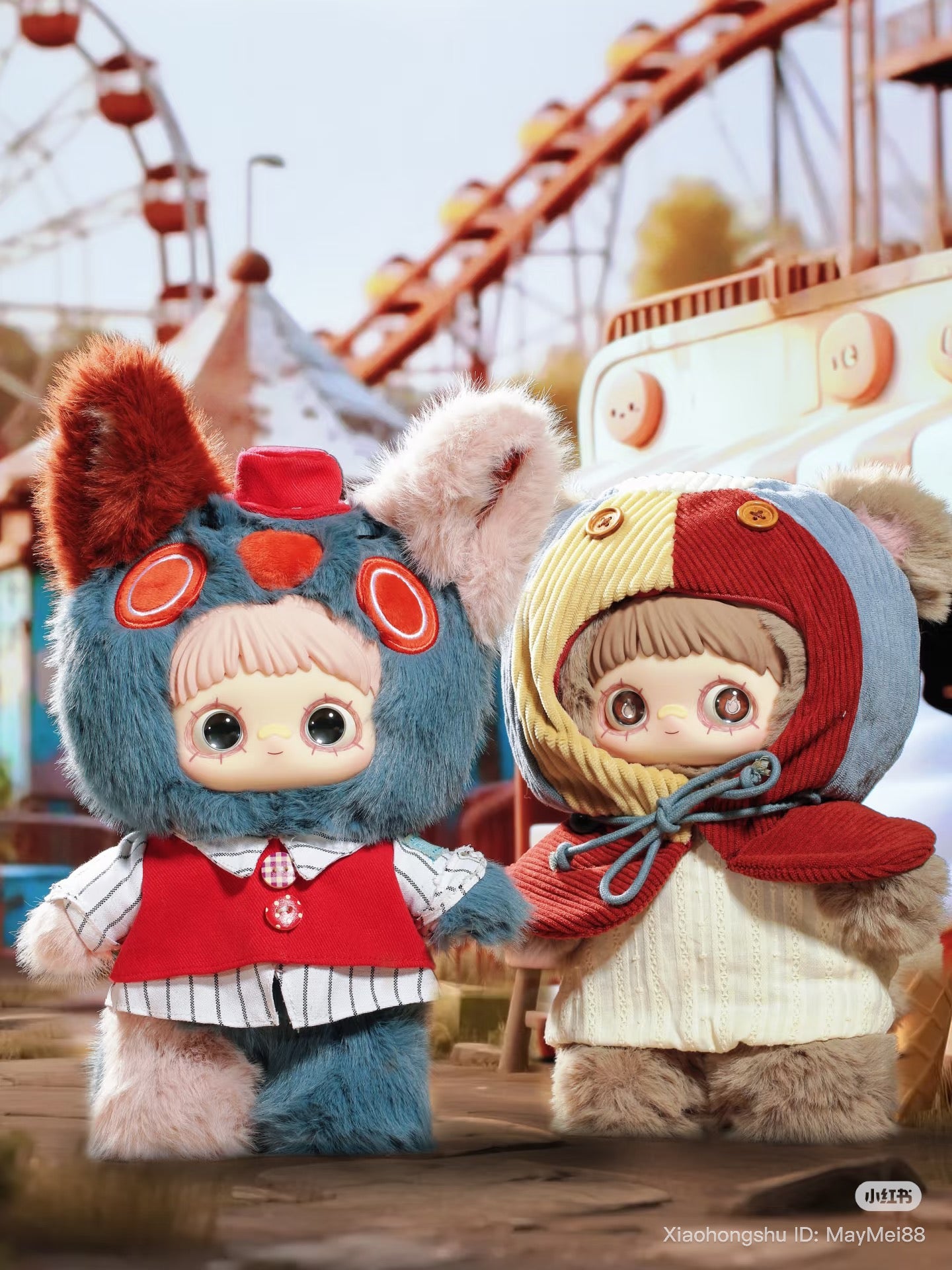Maymei 400% Forgotten Funfair Plush Keychain Blind Box features cute designer plush dolls in carnival attire, perfect for collectors.