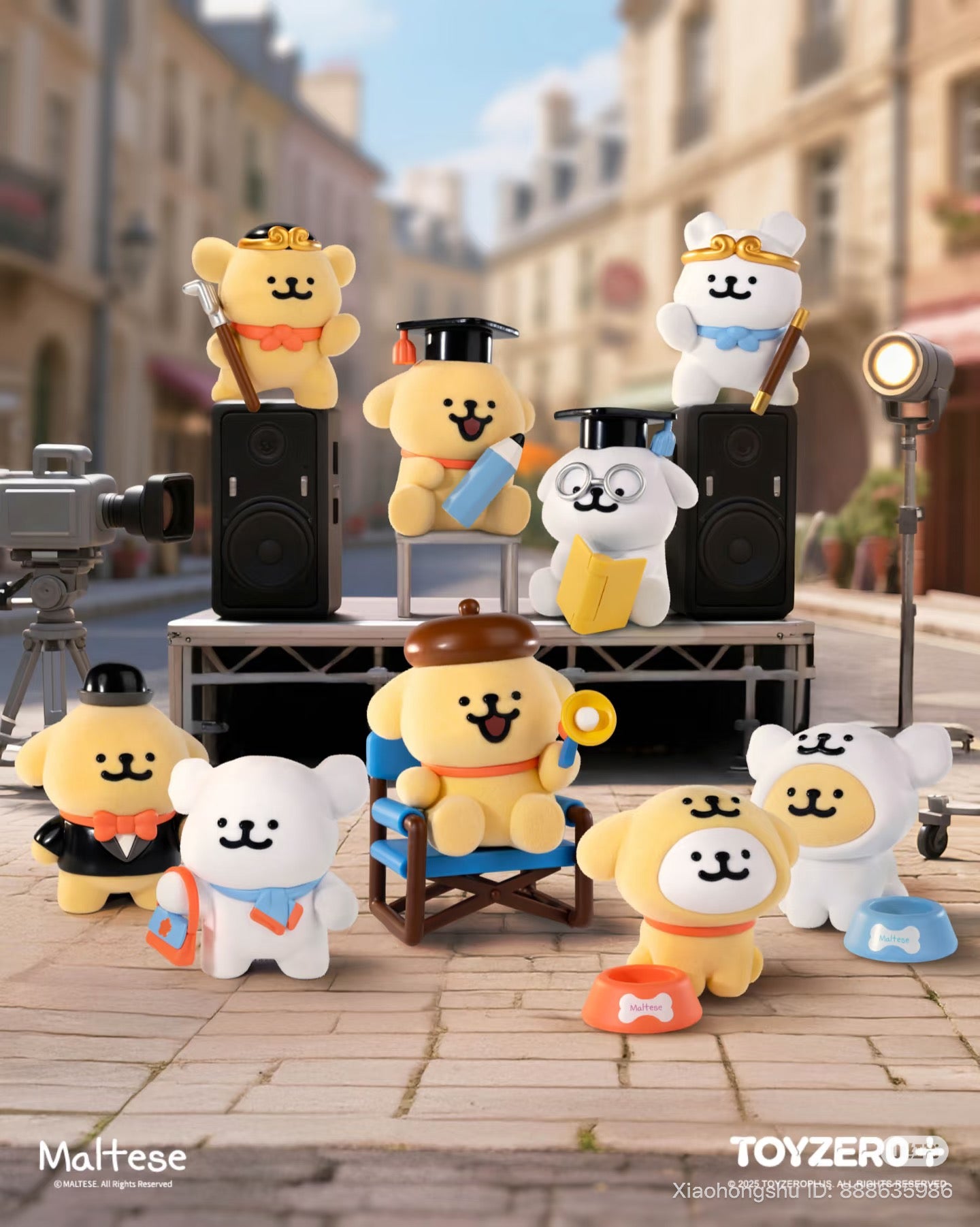 Nine Maltese plush figures from the Theatre of Life Series Blind Box, styled as students, artists, and directors, posed on a miniature movie set street.