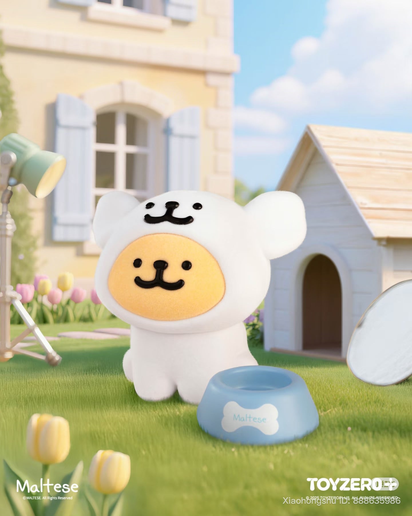 Maltese - Theatre of Life Series Blind Box features a plush-like dog character in bear hood, beside a Maltese bowl and whimsical backdrop.