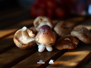 Mr.BRAIN - Mushroom: A small vinyl toy mushroom surrounded by mushrooms, a close-up of the fungus, and a blurry image of a shiitake.