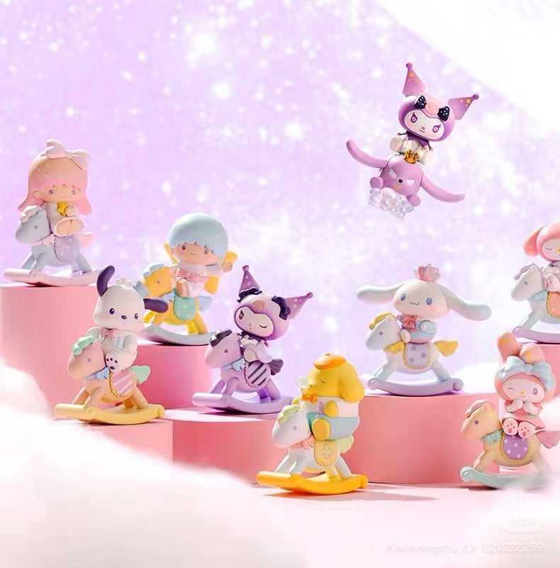 Sanrio Childhood Merry-Go-Round Series Figurine collection, featuring 8 cute characters on rocking-horses, displayed on tiered podiums, available for preorder at Strangecat Toys.