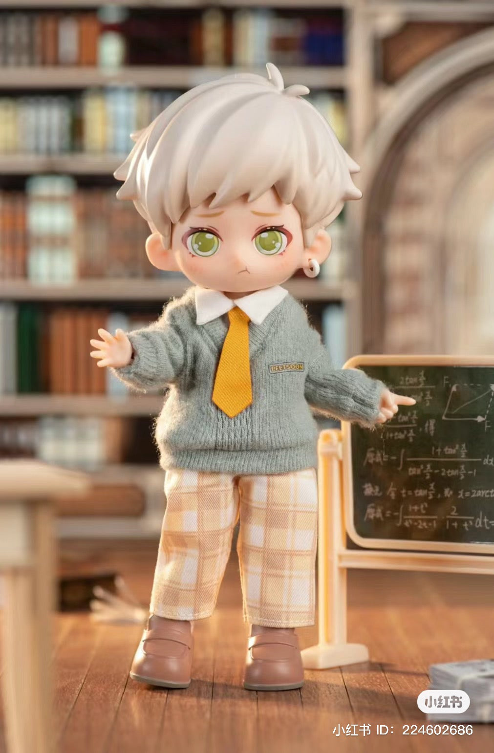 PEETSOON School Life BJD Blind Box Series: Toy doll with yellow tie and sweater, pointing at blackboard.