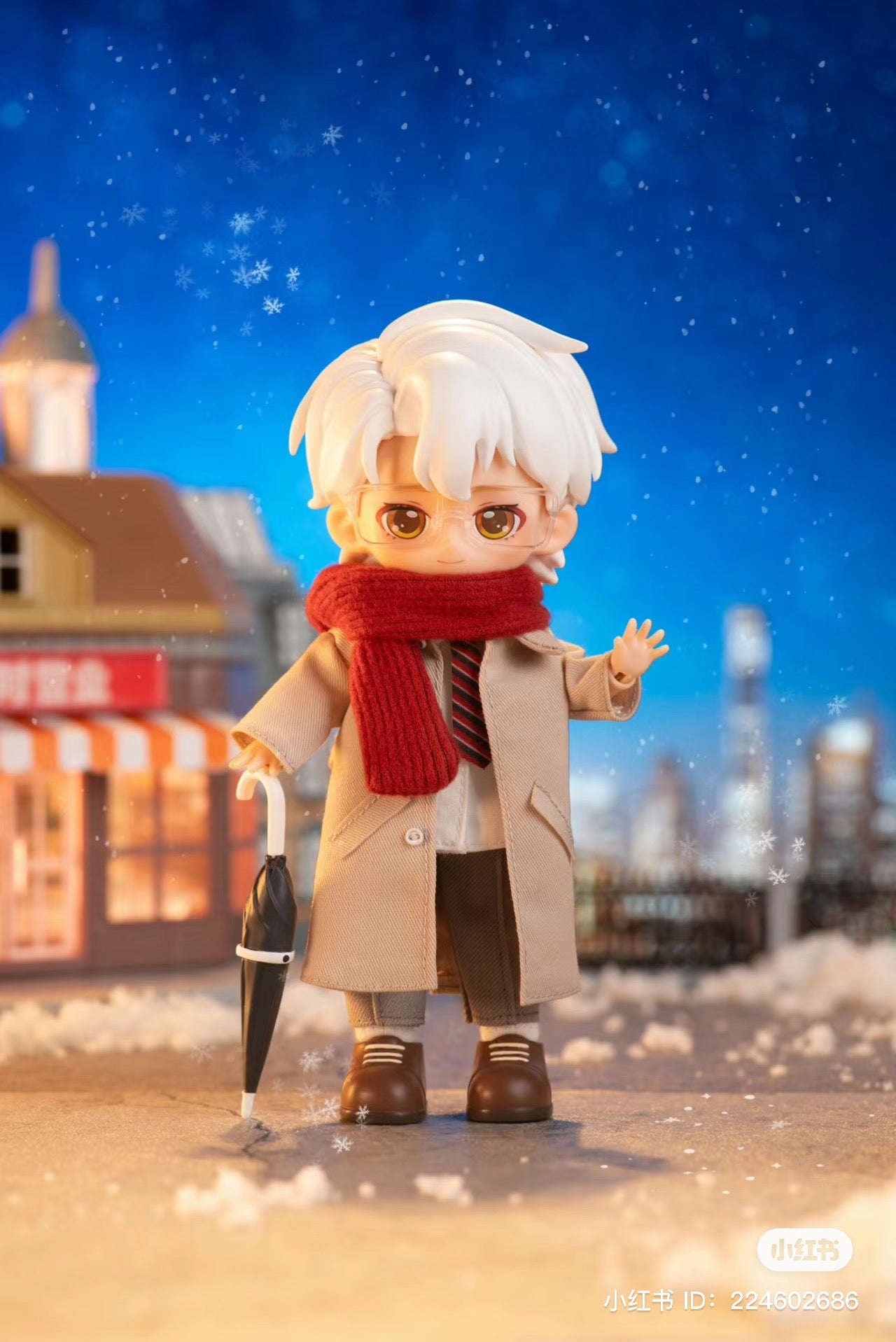 PEETSOON School Life BJD Blind Box Series: Toy doll with scarf, umbrella, coat, glasses, and shoes in various close-ups.