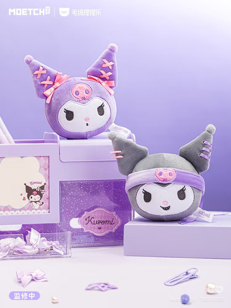 Kuromi Girl's Hair Accessories Series Plush keychain featuring a purple stuffed toy with pink bows among assorted plush toys. Ships randomly.