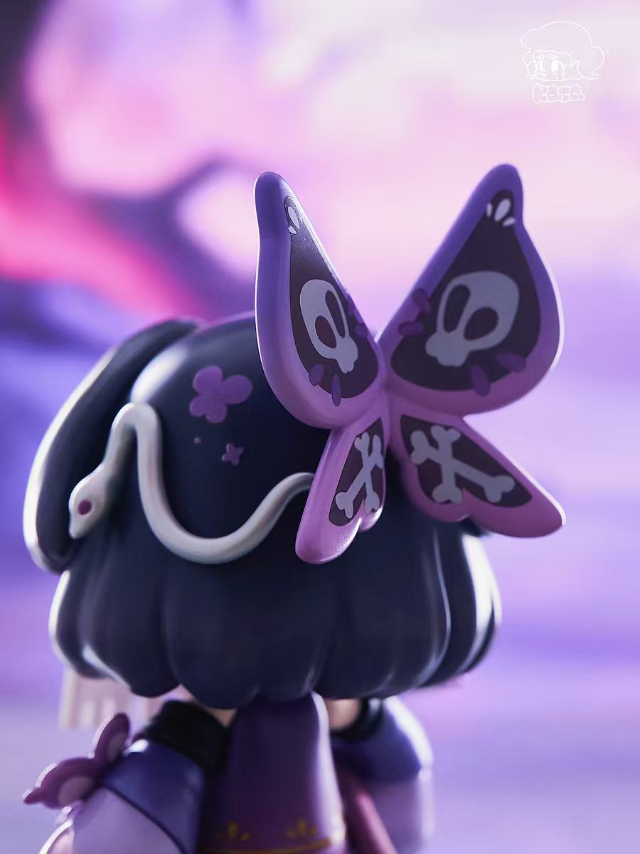 KASA 2.0 - Mystic Tales Blind Box figurine with glossy black hair, white snake accessory, and purple butterfly clip, viewed from behind in a moody setting.