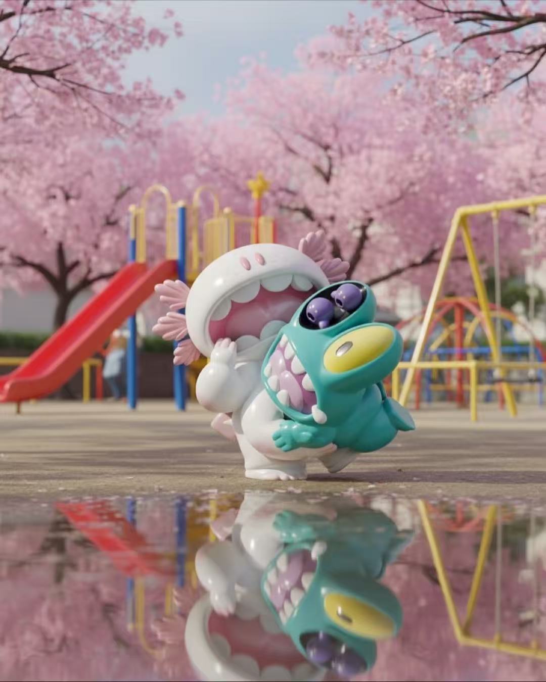 MACARONI’s MYSTERIOUS LIFE Blind Box features playful 3D characters under cherry blossoms, reflecting the whimsical art toy spirit of Strangecat Toys.