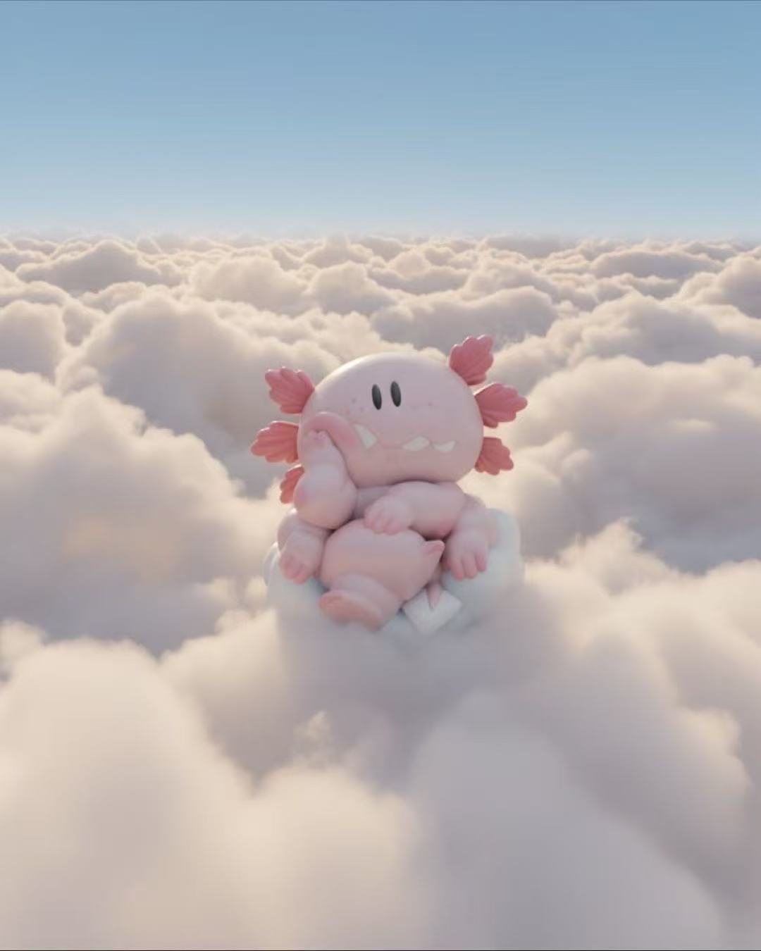 MACARONI’s MYSTERIOUS LIFE Blind Box by Grape Brain features a pastel-pink creature on a cloud, part of a dreamy 3D-rendered collectible series.