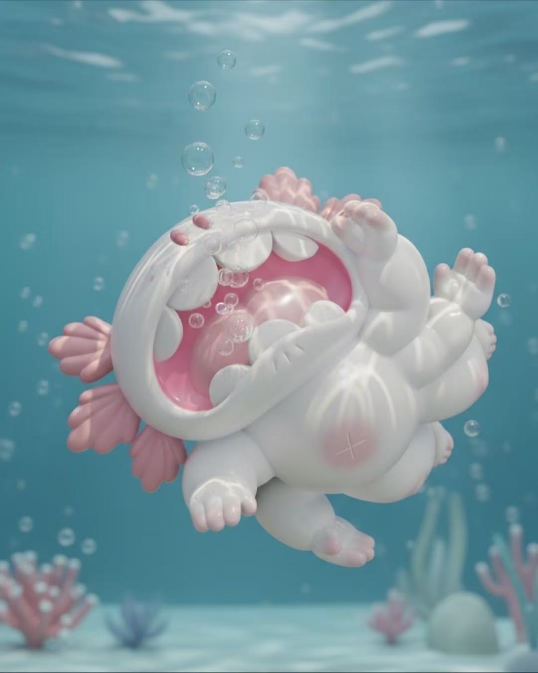 3D-rendered axolotl toy from MACARONI’s MYSTERIOUS LIFE Blind Box by Grape Brain, featuring soft pink accents and bubbles, available for preorder.