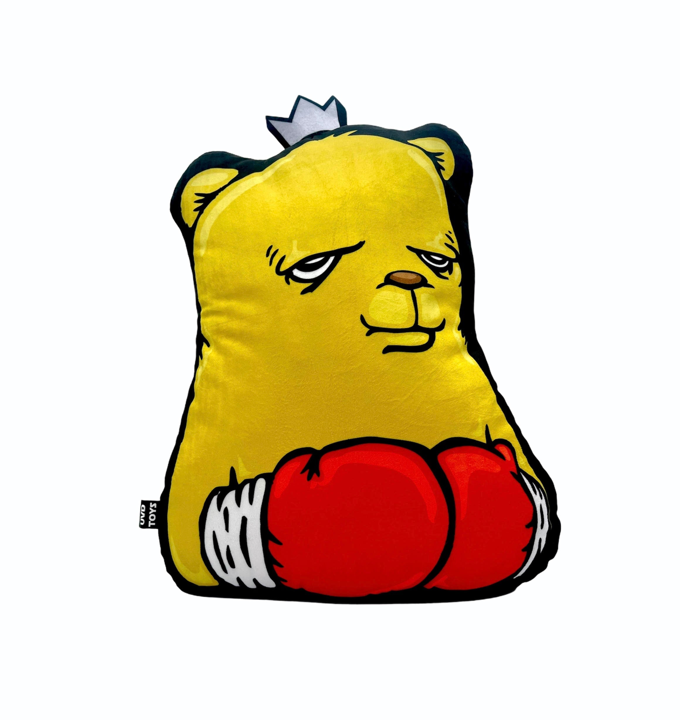 The Bear Champ 18 Pillow featuring Jc Rivera's character with boxing gloves, ideal for art toy enthusiasts.