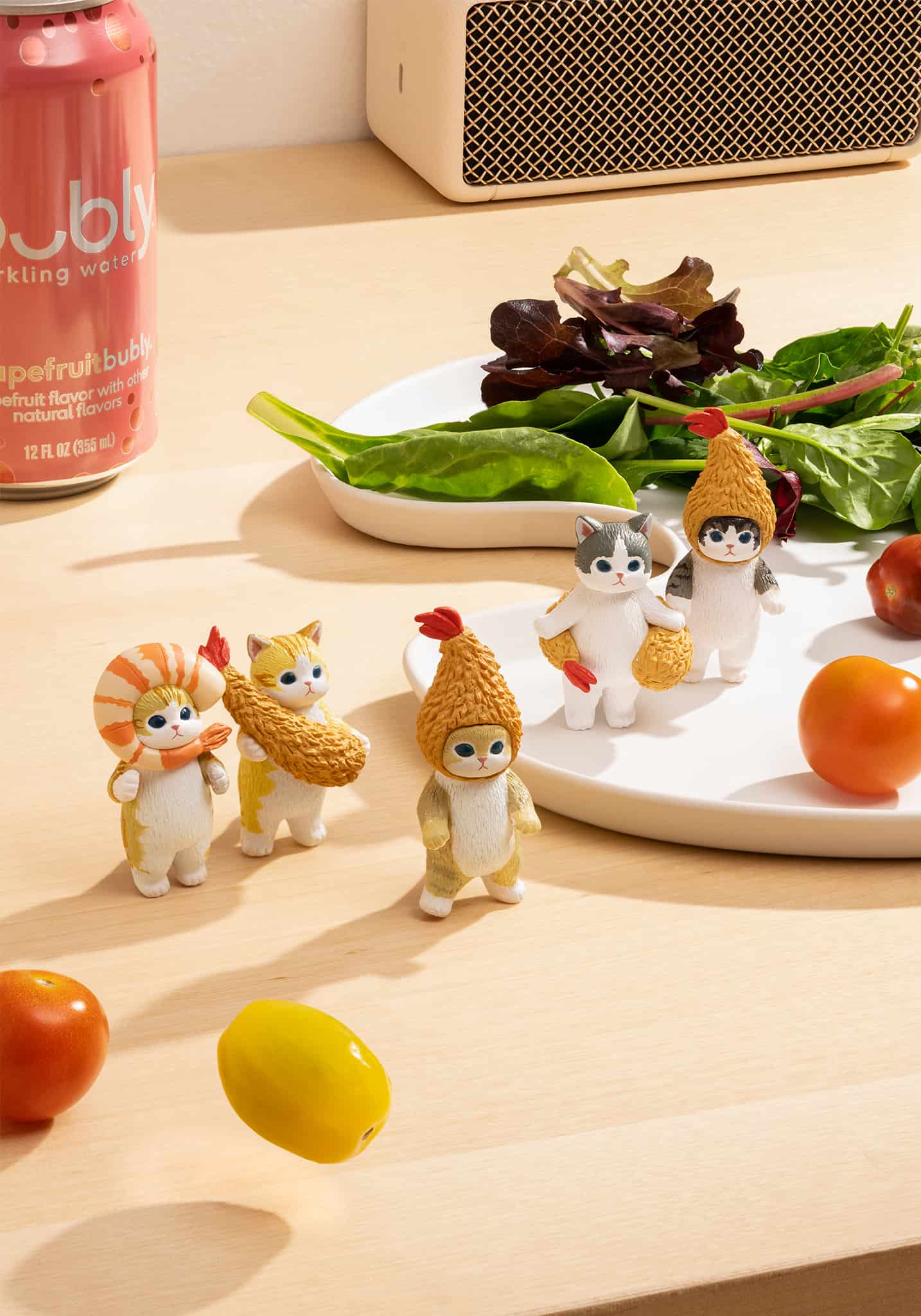 Mofusand Fried Shrimp Cat Blind Box featuring a whimsical cat figurine holding a fried shrimp, surrounded by vegetables and a fruit can.