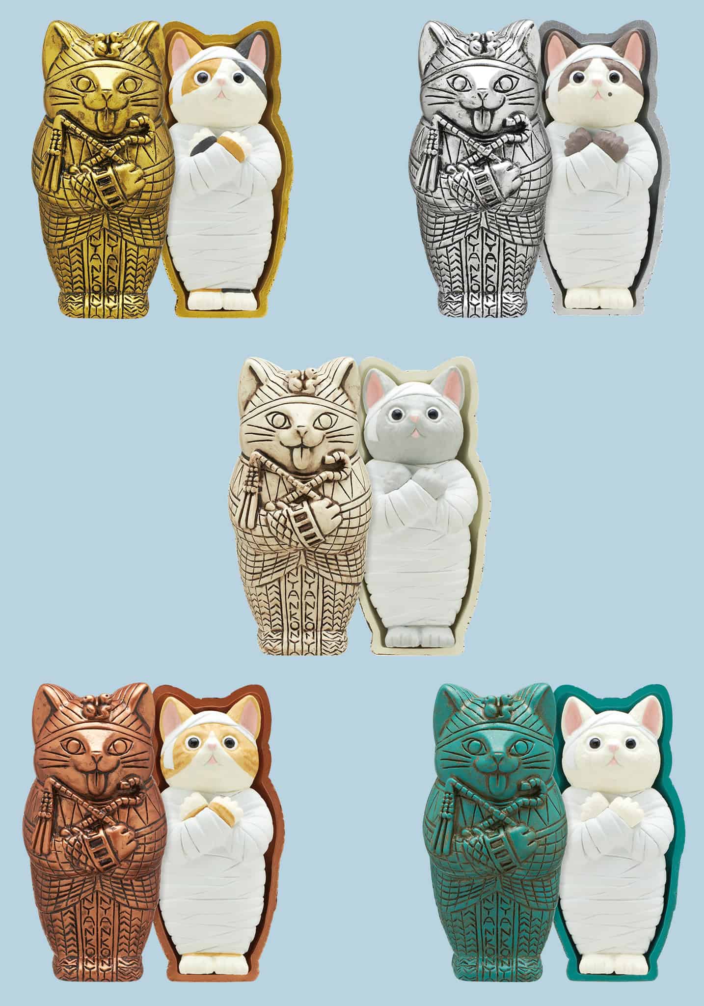 Mummy Cat Blind Box Series featuring cat figurines, including a mummy cat with a blanket, highlighting unique collectible designs from Strangecat Toys.